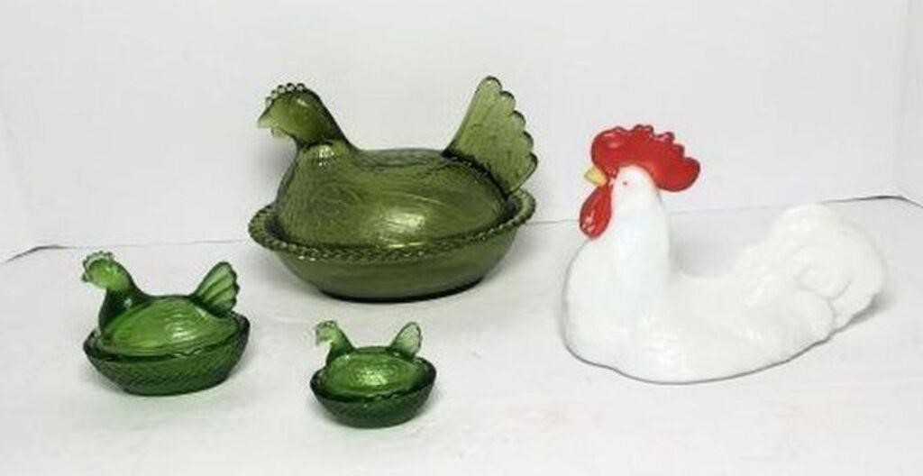 Glass Chicken on Nest Lot of 3