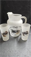 Vtg Frosted Ford Pitcher & 2 Drinking Glasses