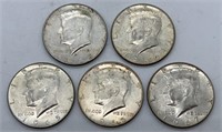 (5) 40% Silver Kennedy Half Dollars: 1965, 1966,