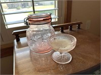 DEPRESSION GLASS PINK JAR & GOBLET W/ CANDLE