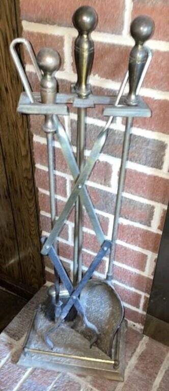 Brass Fireplace Tools and Log Basket Holder