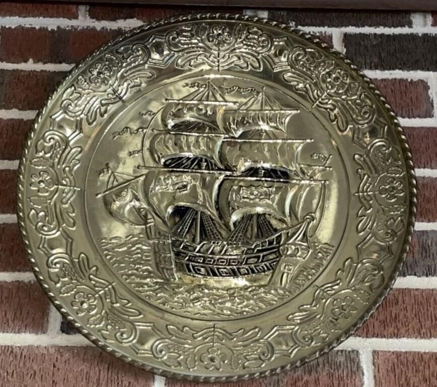 Vintage Embossed Brass MCM Pirate Ship Wall Art