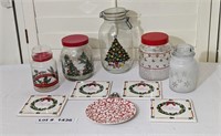 CHRISTMAS TRIVETS AND CANISTERS WITH TOTE