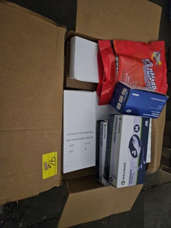 BOX OF BIOHAZARD CLEANUP KIT, RED BIOHAZARD BAGS,