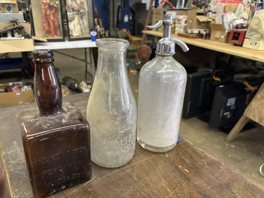 walters dairy quart milk jug, and other bottles