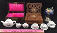 Jewelry Box, Wood Trivets, Globe, Mini Tea Set
