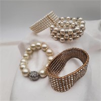 4 Vintage Pearls & Rhinestones Bracelets