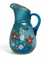Northwood blue glass enameled water pitcher