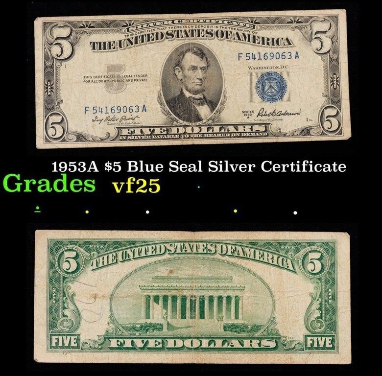 1953A $5 Blue Seal Silver Certificate Grades vf+