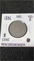 1864 New Brunswick One Cent Coin Grade VG-8