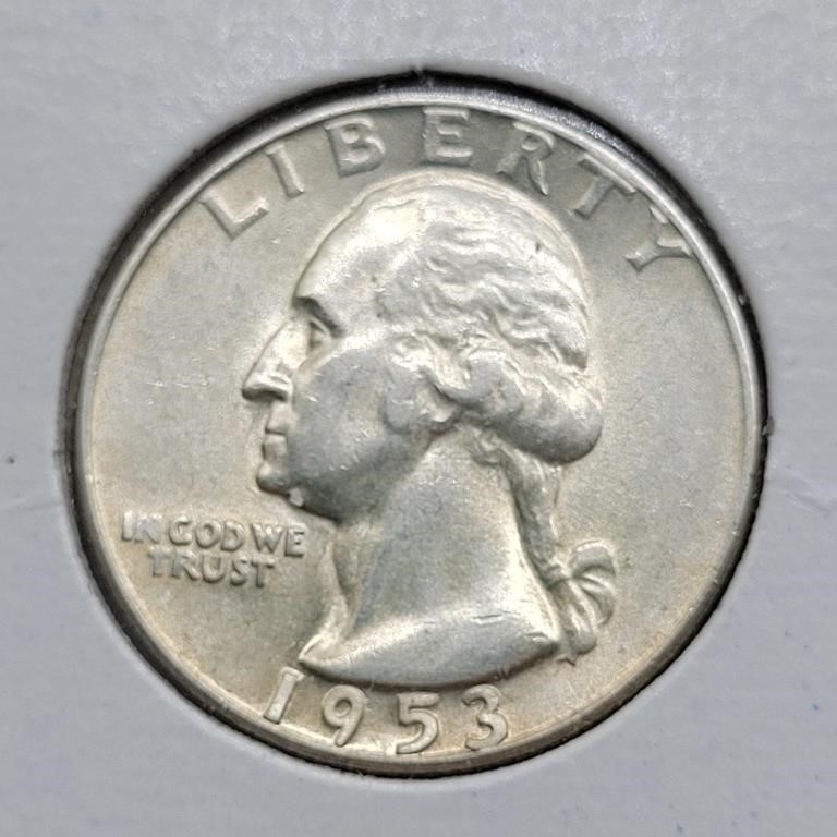 1953 S WASHINGTON SILVER QUARTER UNC