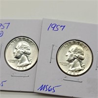 1957 & 1957 D WASHINGTON SILVER QUARTERS MS65