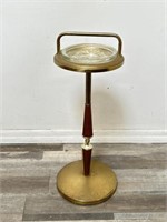 Vintage metal & wood standing ashtray with glass