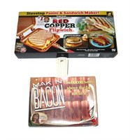 Makin Bacon & red Copper Panini maker NIB