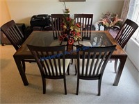 GLASS TOP DINING TABLE AND 7 CHAIRS