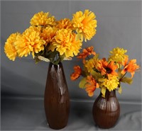 Faux Floral Arrangements in Brown Ribbed Vases