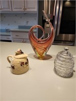 2 decorative Bee Themed honey Dispensers & art gla