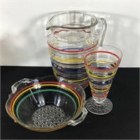 3 VINTAGE PRIMARY COLOURS RINGED GLASS
