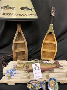 WOODEN BOAT LAMPS+WOODEN TROUT HANGING DECOR