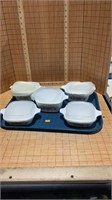 Tray of Corning ware with plastic lids