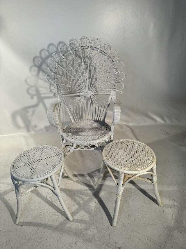 White Wicker Chair and 2 Wicker Tables