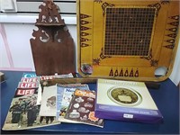 Game board, Life magazines, clock & more