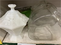 MILK GLASS CANDY DISH AND COOKIE JARS
