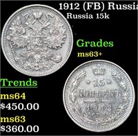 1912 (FB) Russia 15 Kopeks Silver Y# 21a.2 Grades