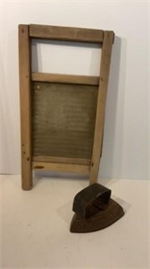 Antique Ribbed Glass Washboard with Iron
