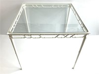 White Metal Table w Glass Top & Bamboo Style Frame