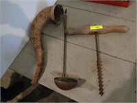 Hand drill, metal ladle, old tin piece