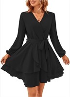 Women's Long Sleeve Deep-V Skirt Dress, 3XL