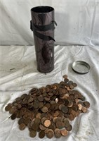 Some pennies and their container