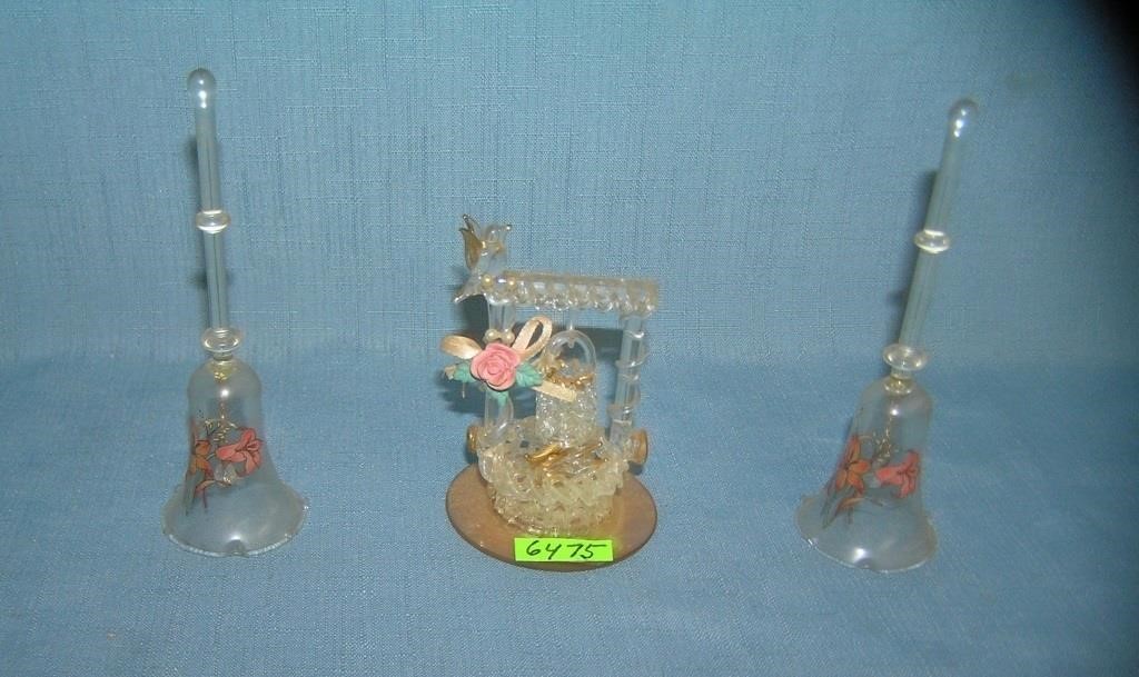 Group of 3 glass pieces includes 2 bells and a wis