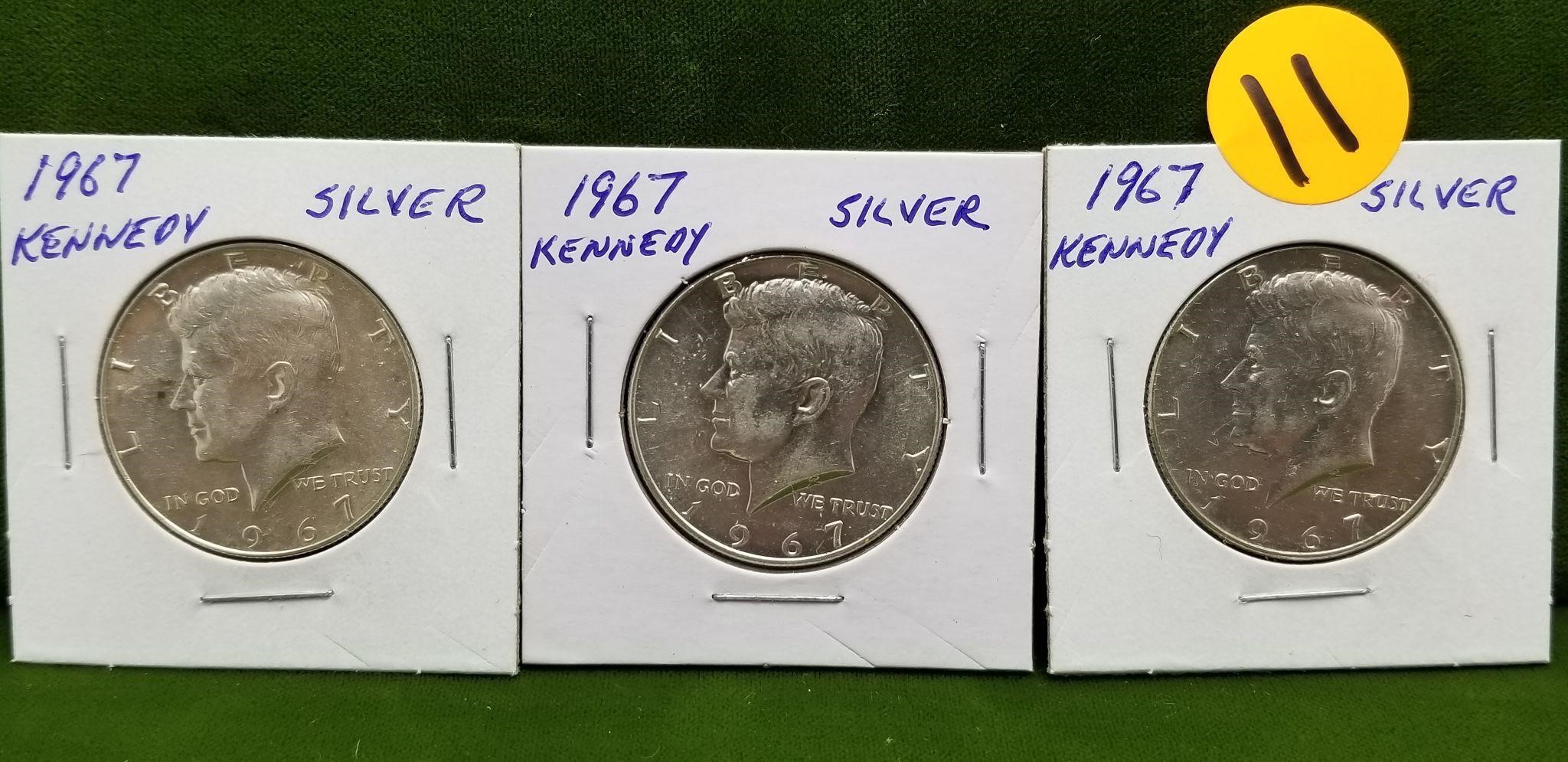 3 KENNEDY 1967 SILVER HALF DOLLARS