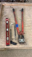 No 3 bolt cutters, level and saw