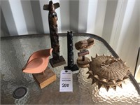 Wicker Basket w/ Lid; 2 Totem Poles; Sculptures