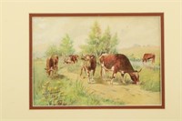 Folk Art Watercolor of Cows