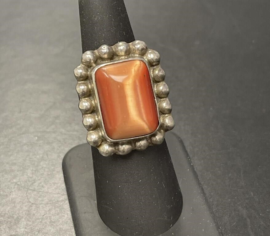 Sterling Coral-Colored Stone Ring