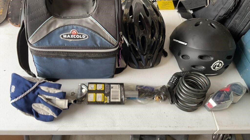 Bicycle helmets, lock, lunchbox, gloves