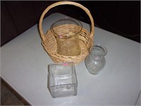 3 Clear Glass Vases and Basket