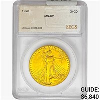 1928 $20 Gold Double Eagle SEGS MS62