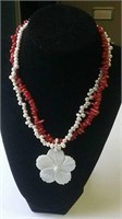 Red Coral & Freshwater Pearl Necklace 16-18"