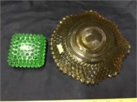 Amber Plate And Green Glassware