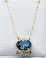10K Gold Blue Zircon (4.5cts) Diamond Necklace