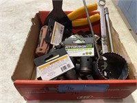 Box with Pittsburgh sockets, hole saw, wrench,