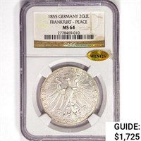 1855 German 2 Gulden NGC MS64 Wings, Frankurt