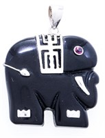 Hand Carved Black Jade & Sterling Silver Elephant