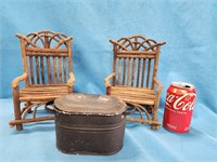 Vintage toy twig chairs and mimiture boiler.