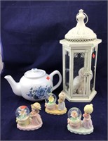 Teapot and Small Precious Moments Snow Globes